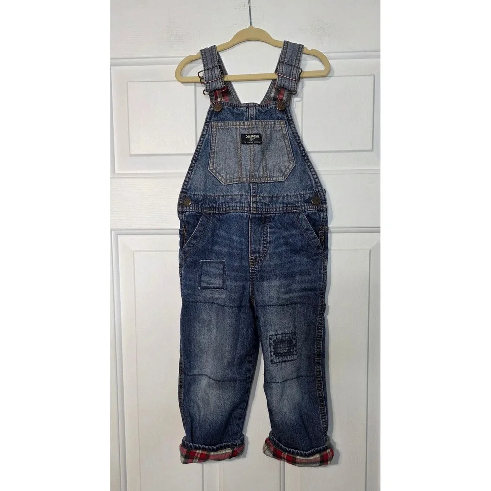 OshKosh Flannel Lined Denim Overalls Size 3T Plaid